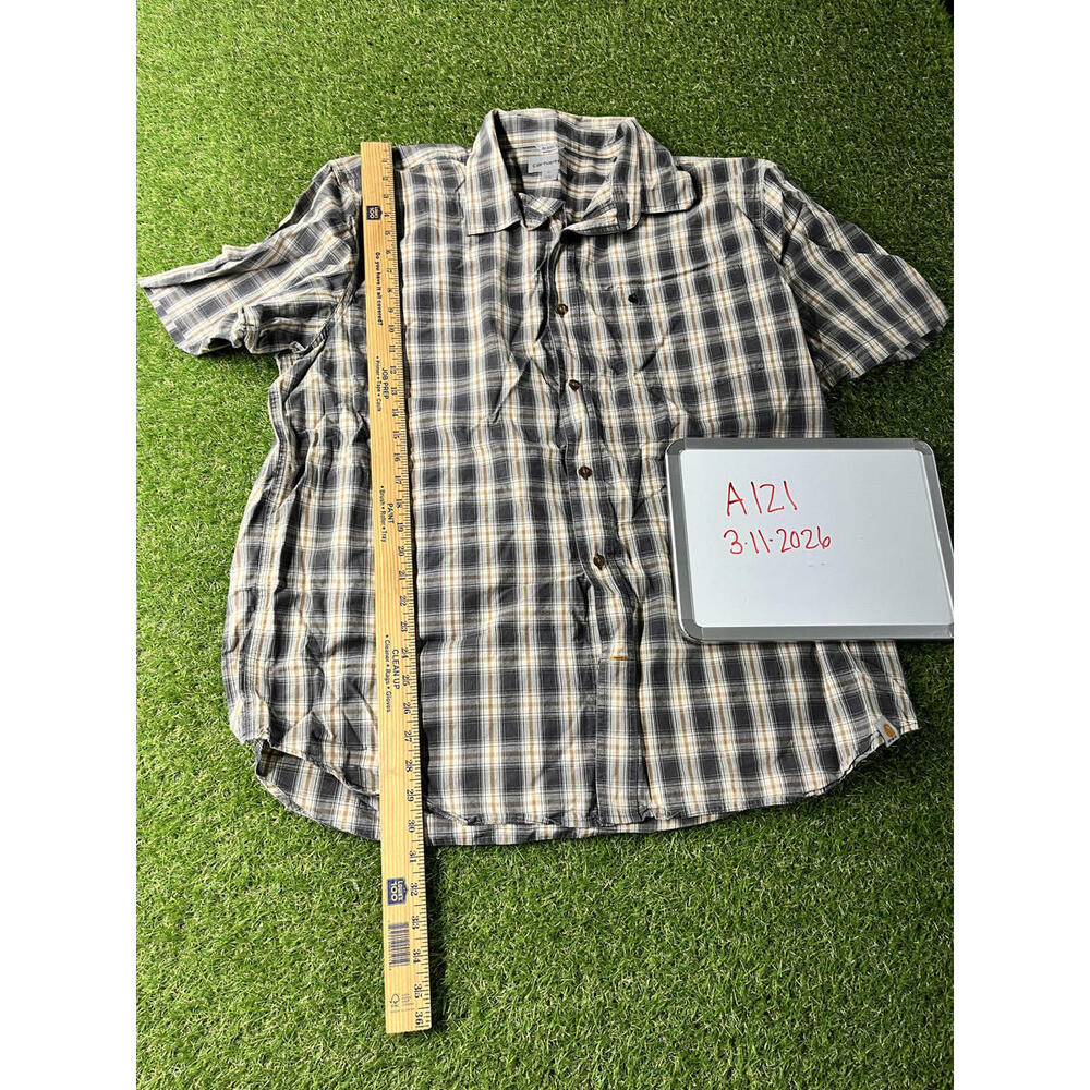 Carhartt Relaxed Fit XL Plaid Button-Up Shirt Beige Blue‎ Chore Work Casual